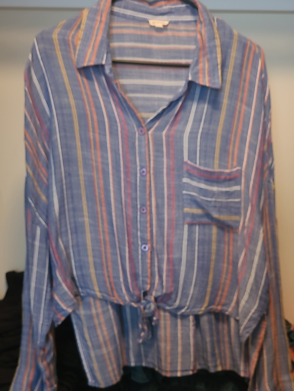 Striped Button-Front Tie-Hem Shirt - Blue Multi